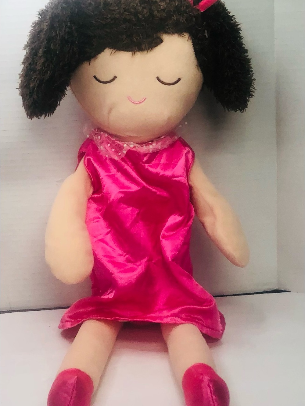 Pottery Barn Kids Princess Plush Doll Brunette Pigtails Pink Brown Satin Dress